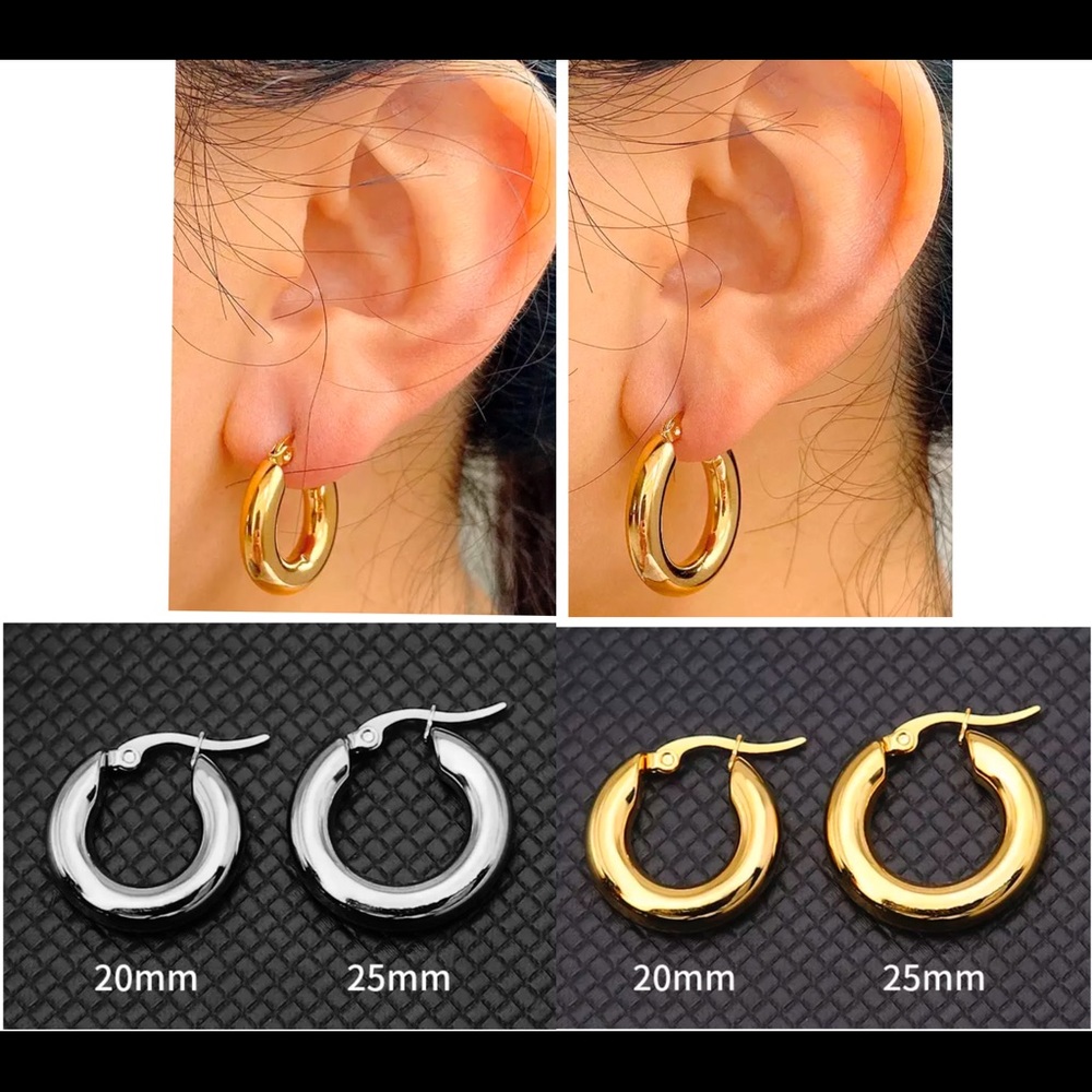 Women Hoop Earrings 20mm 25mm Stainless Steel Tubular Gold or Silver Tone NWOT
